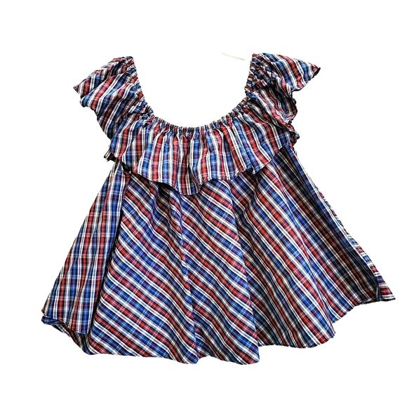 Petersyn Roxie Blouse Ruffle Off-Should Size Small Red Blue White Plaid Milkmaid - Picture 1 of 8